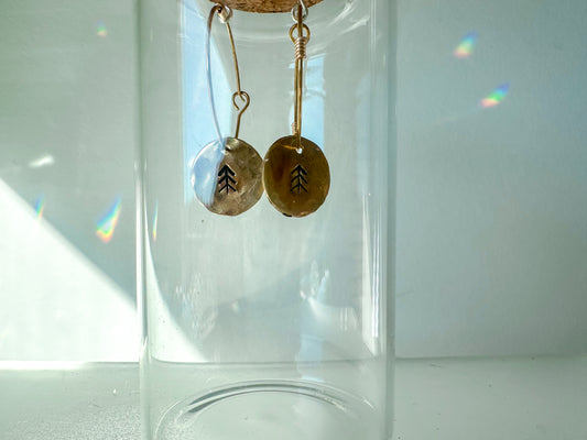 Hand Stamped Pine Tree Hoop Earring