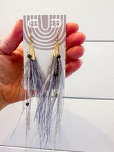 Load image into Gallery viewer, Ostrich Feather and Sapphire Duster Earrings