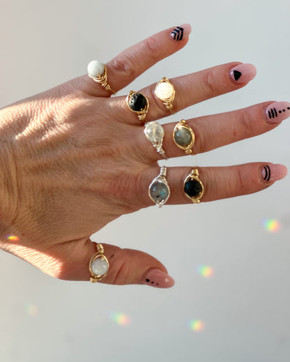 Large Round Gemstone Wire Wrapped Rings