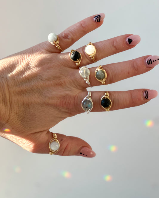 Large Round Gemstone Wire Wrapped Rings
