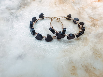 Black Obsidian Heart Hoops | Valentine's Day Earrings