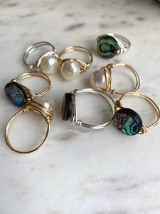 Pearl Wrapped Ring and Abalone Wire Wrapped Ring