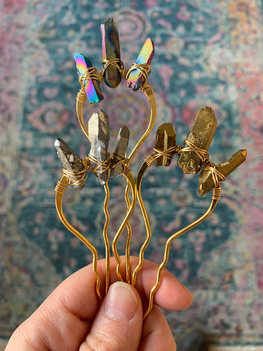 triple quartz crystal Fork Hairpin 